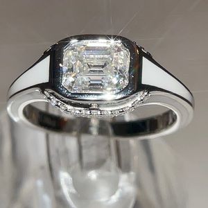Asscher Cut Moissanite Ring 1.5ct Black & White Enamel Statement Ring